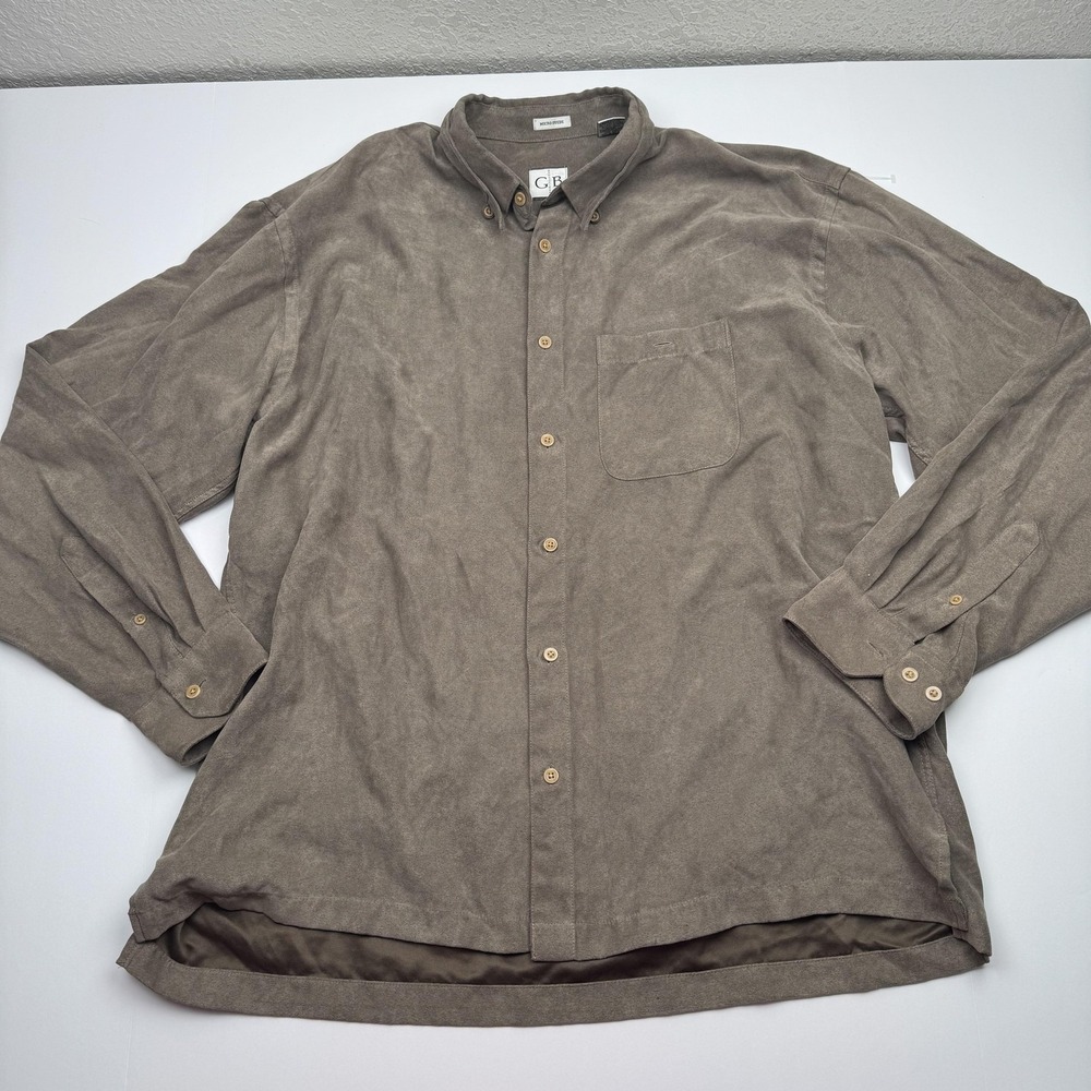 Geoffrey Beene Shirt Mens XL Brown Micro Suede Button Down Long Sleeve Casual